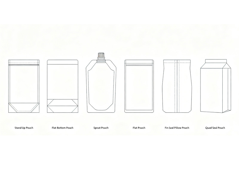 Digital printed pouch types including stand up pouch, flat bottom pouch, spout pouch, and quad seal pouch
