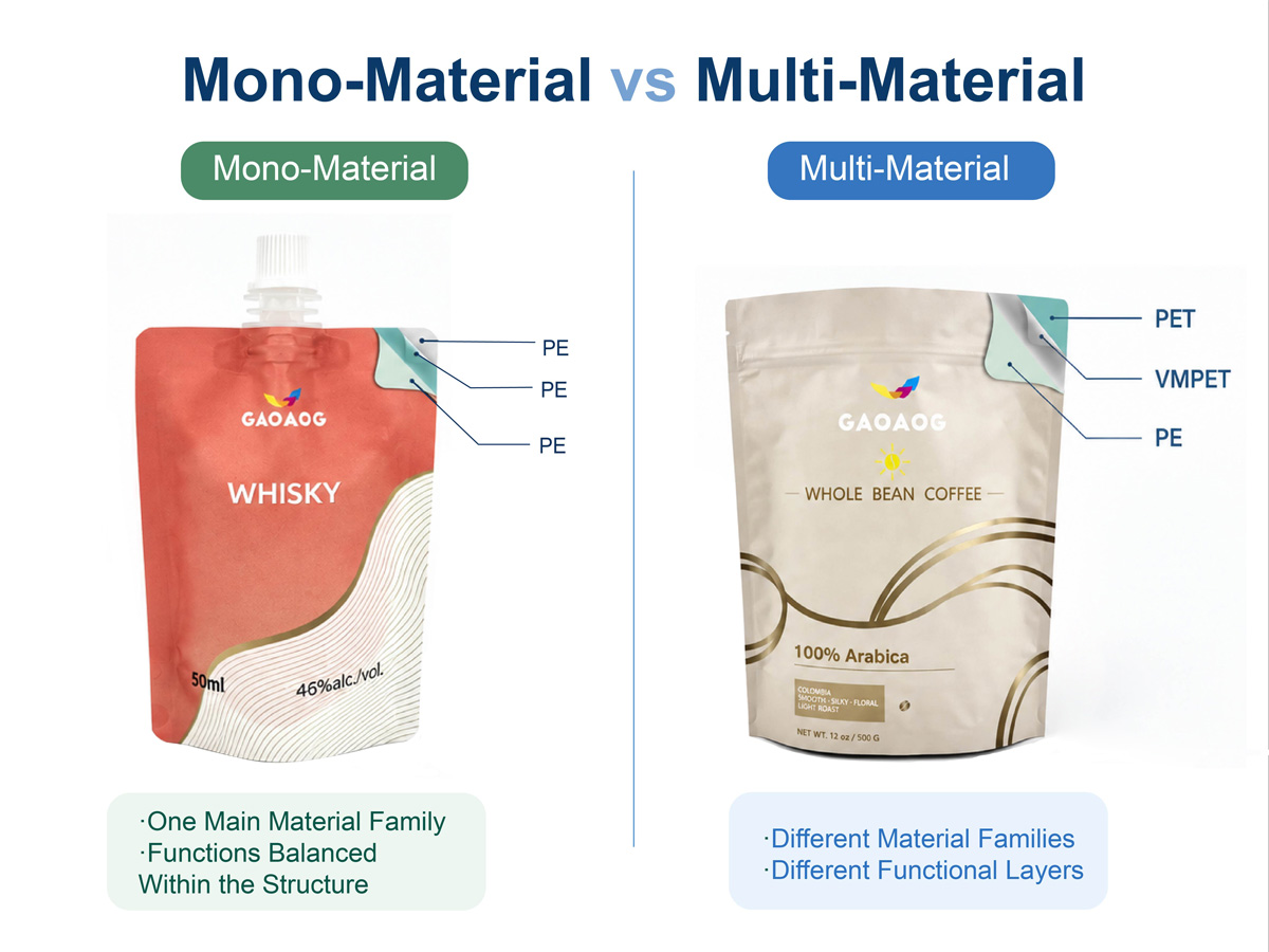 Comparison of mono-material and multi-material flexible pouch structures