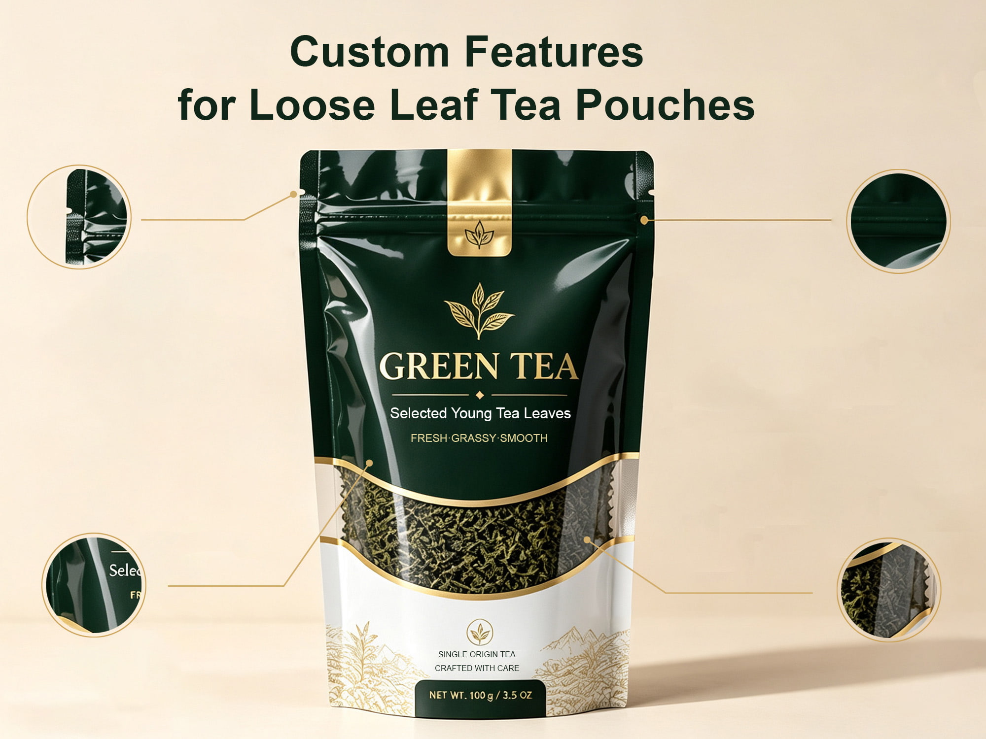 Custom features for loose leaf tea pouches