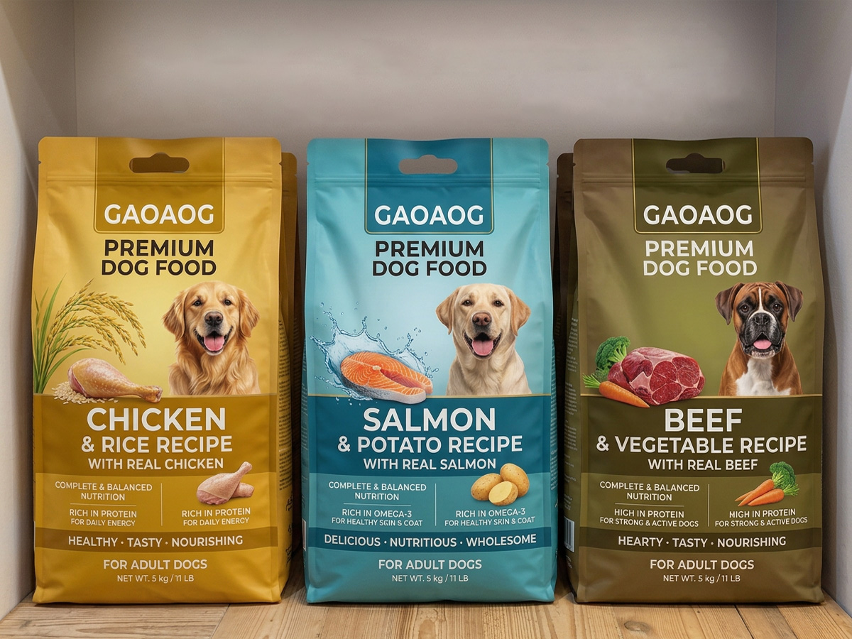Custom printed flat bottom pouches for multi-flavor dog food packaging