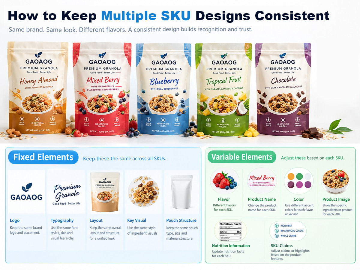 Consistent brand packaging design for multiple SKU pouches