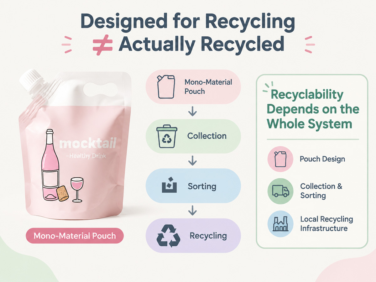 Mono-material pouch recyclability depends on packaging design and local recycling infrastructure