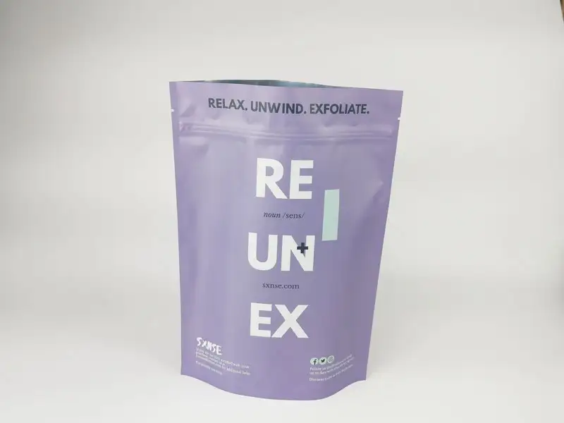 small batch matte stand up pouch with digital printed