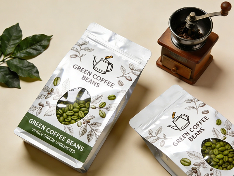 Glossy green coffee beans flat bottom coffee bag with window